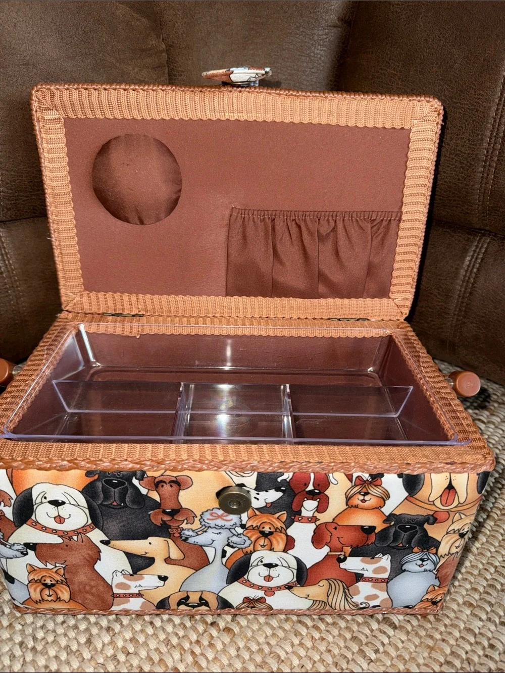 Pet Pattern Sewing Basket with Handle - Brown Dogs Design